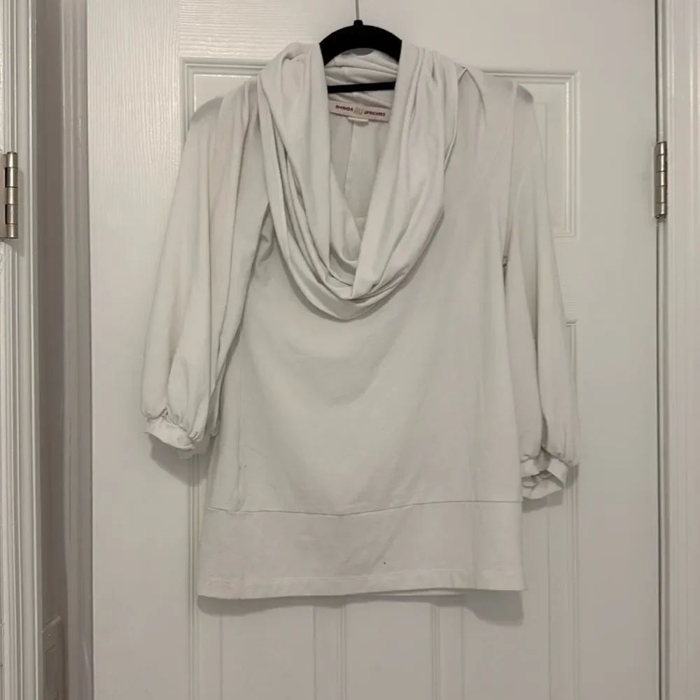 White Cuffed Sleeve Shirt - Long Sleeve Cowl Neck Top - Size Small - Cowl Neck